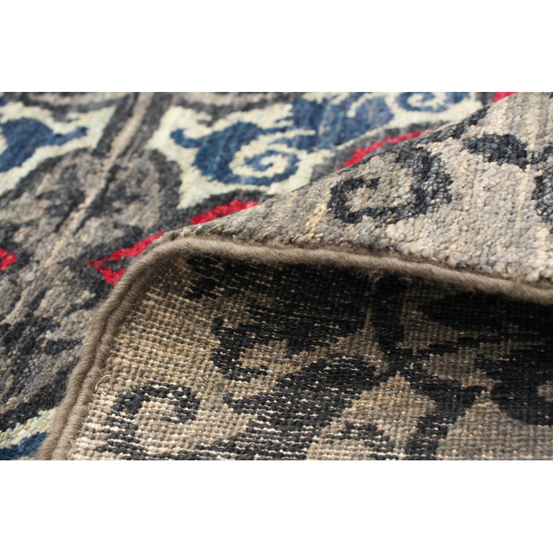 Tapis unique gris / rouge en laine noué à la main de style années 2010 de 5 pi 1 po x 8 pi 3 po Nansi