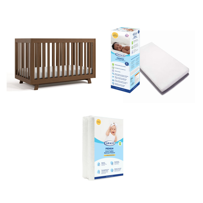 Lit de bébé convertible 3-en-1 Beckett, Noisette, Lit de bébé + matelas + protecteur