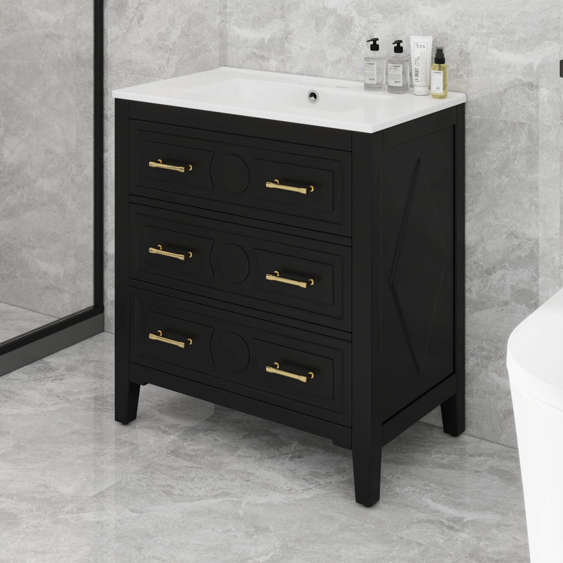 Ensemble de meuble-lavabo 30 po avec lavabo en céramique et 3 tiroirs, Noir, Doré