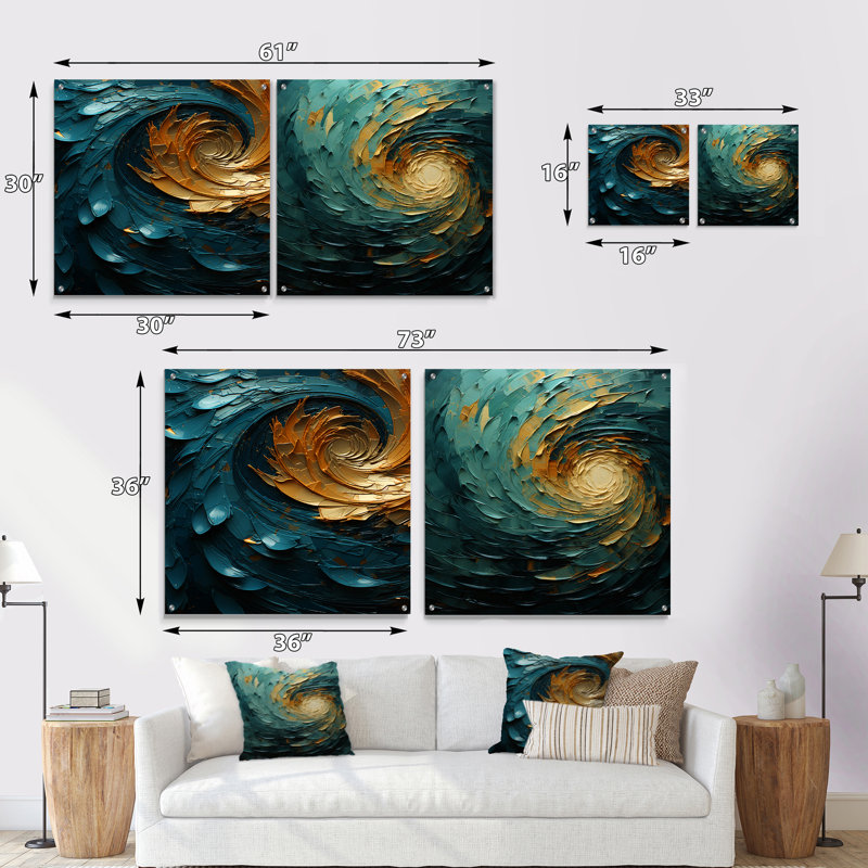 Majestic Motion Teal Spiral - Ensemble de 2 peintures murales abstraites en acrylique, H 16 po x l 33 po