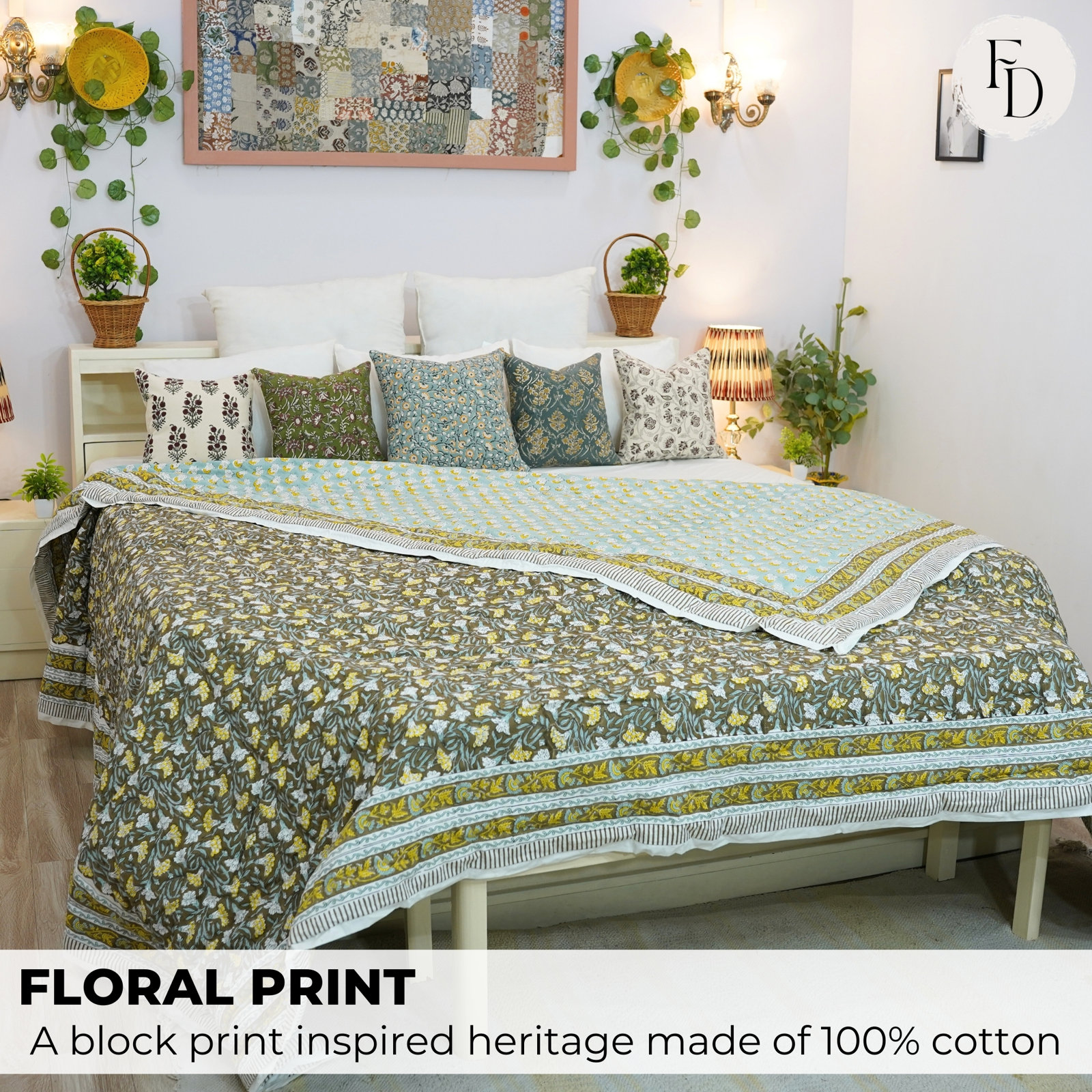 Fabdivine Cotton Quilted Throw Blanket, King Us, Blue/Green/Yellow