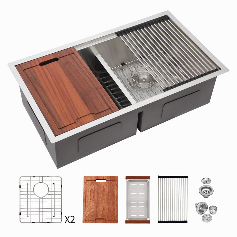 Double Bowl (50/50) Undermount Kitchen Sink- 33"X19" Stainless Steel 16 Gauge With Two 10" Deep Basin