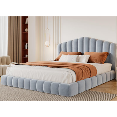Velvet Upholstered Queen Bed Floor Bed Frame Shell-shaped Headboard For Bedroom