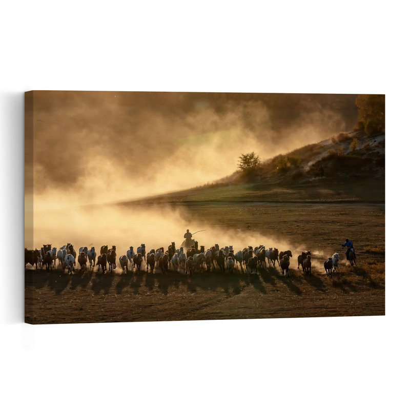" Horses Gallop Golden Contemporary Horse Wall Art Print " Print, 24" H x 36" W