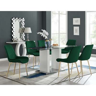 Ransart Modern Luxury Glass & Metal Dining Table Set With 6 Luxury Velvet Dining Chairs