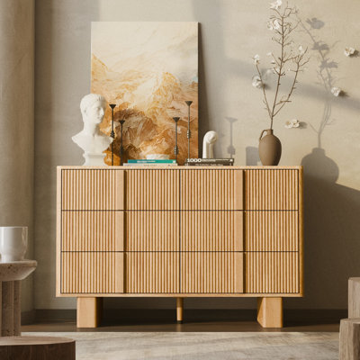 Fluted 6 Drawer Dresser for Bedroom, 47” Wide Modern Chest with Faux Marble Top, Oak Wood Storage Cabinet for Living Room, Hallway, Closet