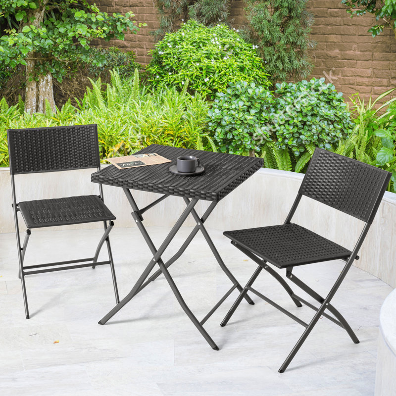Outdoor 3 Pieces Folding Bistro Set, Waterproof PP Rattan Table and Chairs