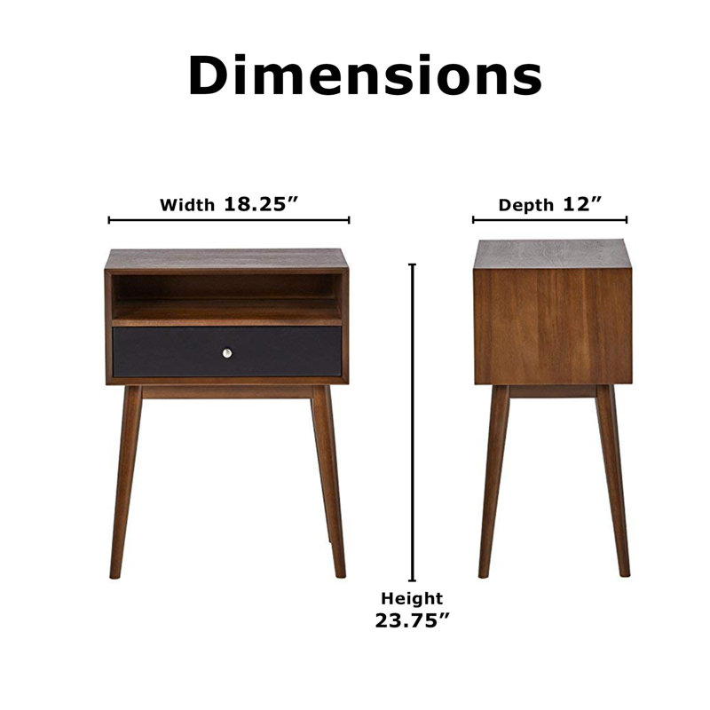 Calvin Mid-Century Brown Wood Side Table with Storage Drawer