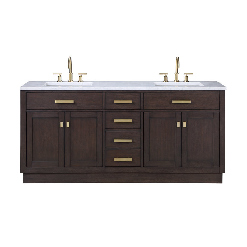 Foosland Chestnut 72" Carrara White Marble Countertop Bath Vanity with Faucet, Brown Oak