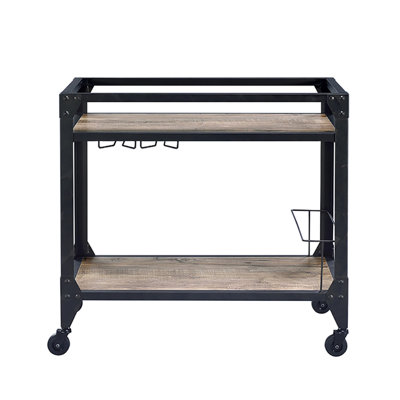 Rustic Oak And Charcoal Serving Cart With Spacious Storage Area Wine Accommodation Industrial Style Two Shelves, Stemware Rack, Solution
