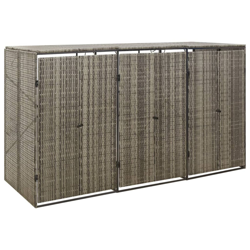 Gray Poly Rattan Triple Bin Shed with Steel Frame