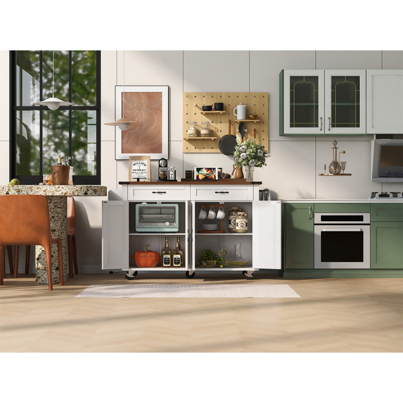 53.5''Farmhouse Kitchen Island With Power Outlet, White