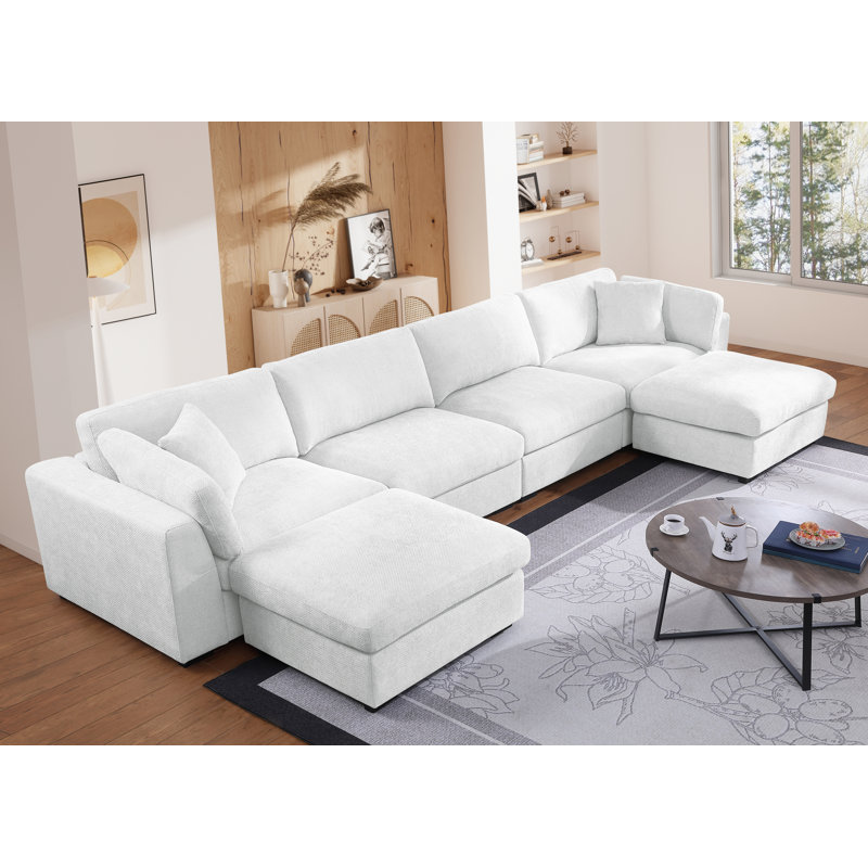 Canapé modulaire rembourré à large siège avec 2 repose-pieds surdimensionnés, Polyester blanc
