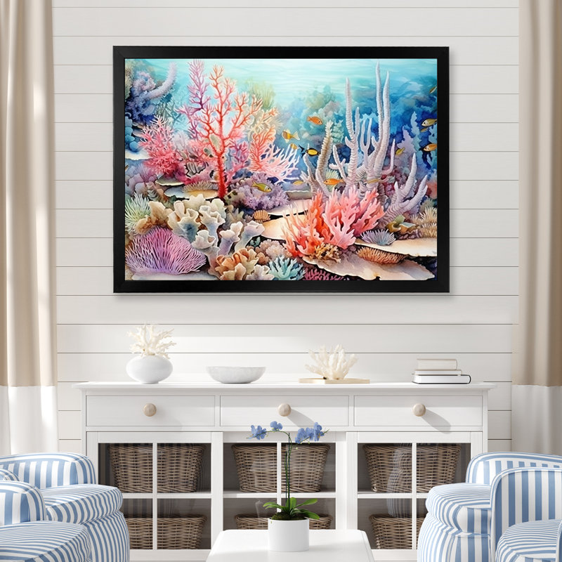 Rose et bleu sous l'eau, corail Wold I - art mural corail sous l'eau, H 24 po x l 32 po x P 1 po, Cadre noir