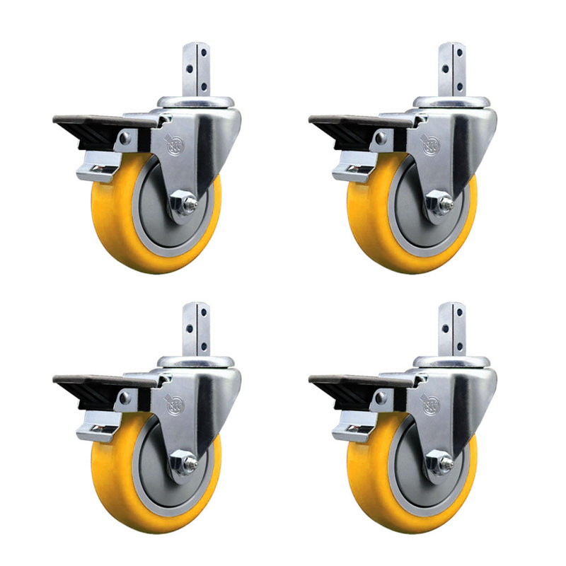 Ensemble de roulettes à tige pivotante carrée en poly 4 pouces 4 pouces avec frein SCC, Jaune