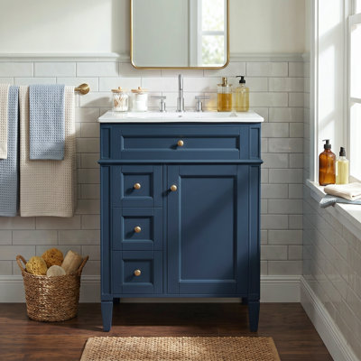 Meuble-lavabo autoportant de 24 po avec lavabo en céramique blanc, armoire de rangement moderne avec 2 tiroirs, tablettes de porte, tablette réglable et tiroir basculant, meuble-lavabo simple bleu