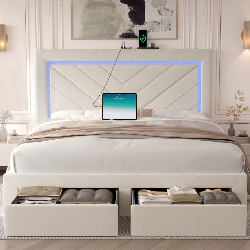 Upholstered Bed Frame with Adjustable Charged LED Headboard and Storage Drawers, Queen, Cream