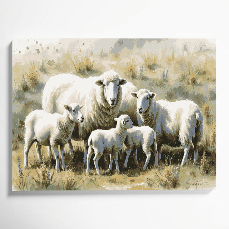 «Farm Sheep with Lambs», art mural sur toile beige, H 20 po x l 24 po
