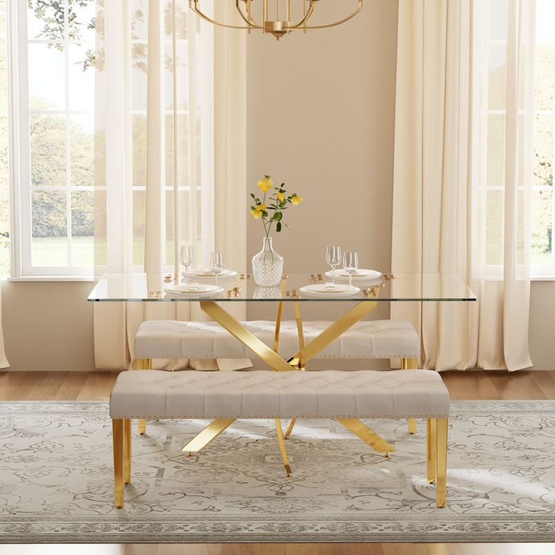 Ensemble de salle à manger moderne avec banc Hoggan, 29.5" H x 63" W x 31.5" D, Beige, Gold