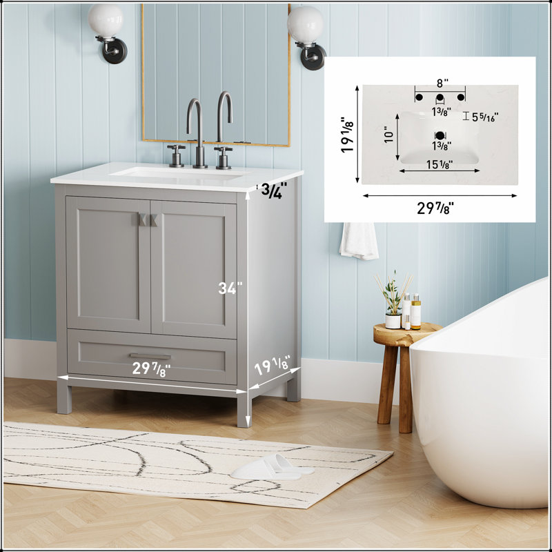 Meuble-lavabo de salle de bain 30 po avec lavabo et comptoir en marbre, Gris