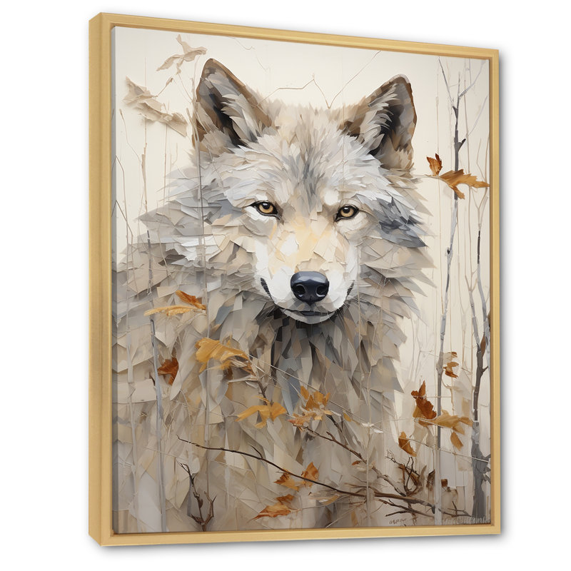 Minimalisme, expression de loup beige - loup grand, art mural, H 40 po x l 30 po x P 1,5 po, Cadre flottant érable