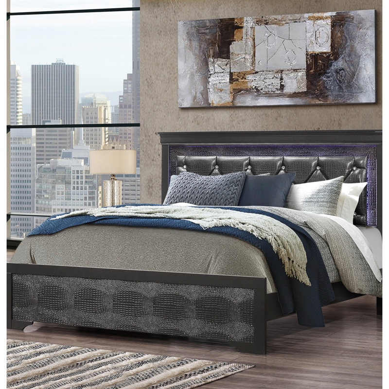 Structure de lit très grand gris avec tête de lit rembourrée d'inspiration à DEL et en cristal, chambre à coucher contemporaine de style panneau en bois massif + éclairage Shaker en bois d'hévéa pour la chambre à coucher, sommier tapissier nécessaire
