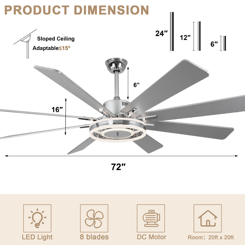 Ventilateur de plafond chromé moderne 72 po avec lumières et télécommande Nimbella, Chrome