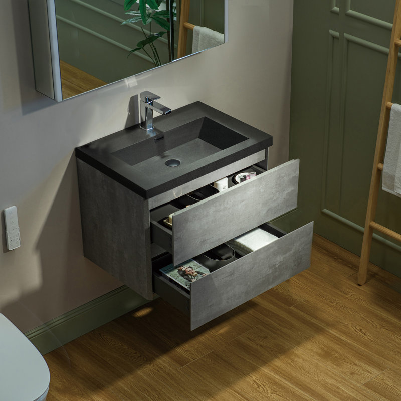 Meuble-lavabo mural flottant gris de 24 po avec comptoir en quartz Vital, Noir, 24"