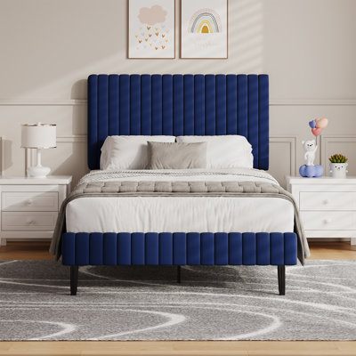 Velvet Upholstered Platform Bed Headboard and footboard with soft-padded vertical channel quilting