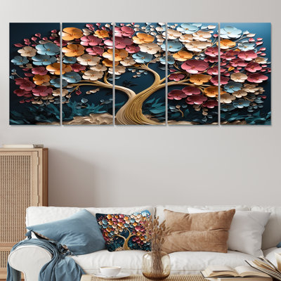 Colorful Golden Orchid Tree Garden Of Branches VI - Tree 5 Piece Wall Art For Living Room
