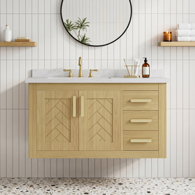Meuble-lavabo suspendu de 91 cm (36 po) avec comptoir en marbre reconstitué et lavabo en céramique, 2 portes et 3 tiroirs, tablette réglable, quincaillerie DTC à fermeture amortie