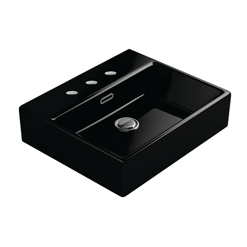 Quattro 19.5'' L Bathroom Sink, Gloss Black, Three Hole