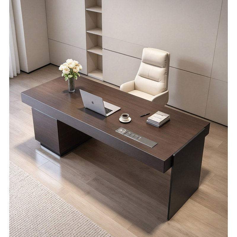Bureau de direction minimaliste italien haut de gamme en placage de bois fumé avec multiprise dissimulée et armoire de rangement pour salle d'étude