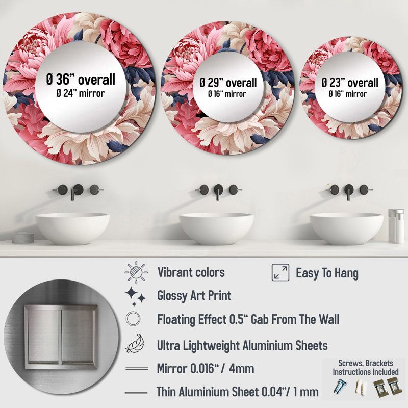 Farmhouse Pink And White Floral Gardens - Floral Decorative Mirror, Pink Large Round Wall Mirror, Printed Metal Art