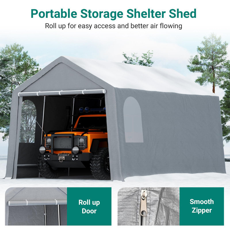 Abri d'auto 10 x 20 pi avec abri d'auto robuste et résistant avec parois latérales amovibles, portes à fermeture à glissière et fenêtres ventilées