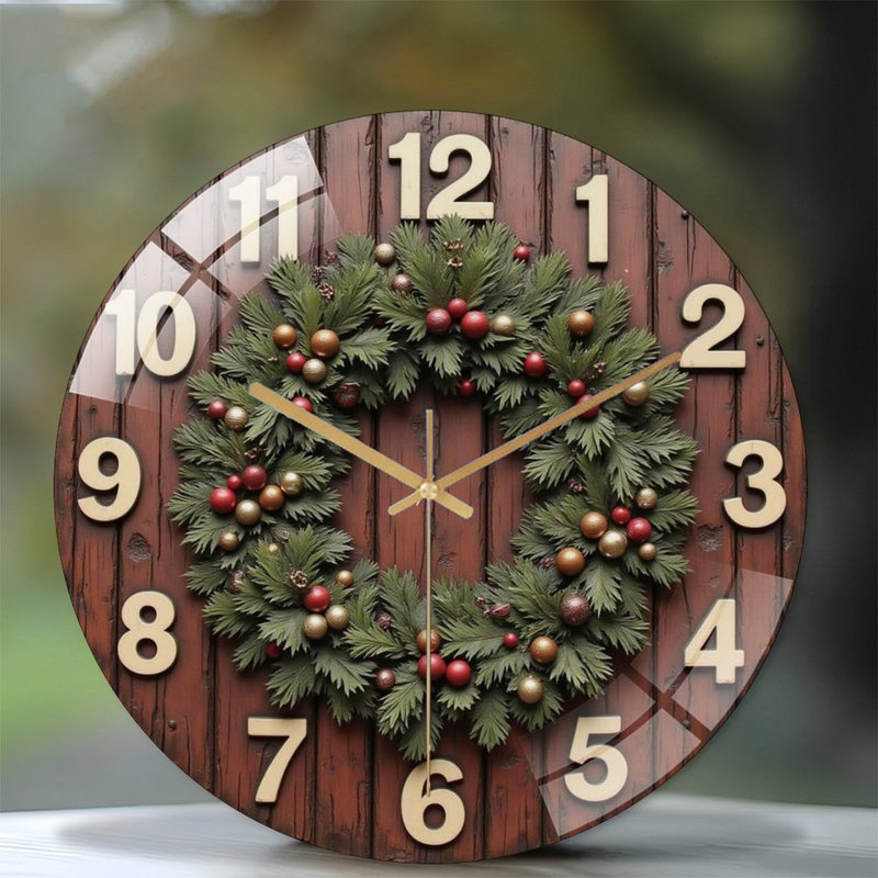 Horloge murale de Noël avec couronne et ornements - Horloge murale moderne en verre 12 po