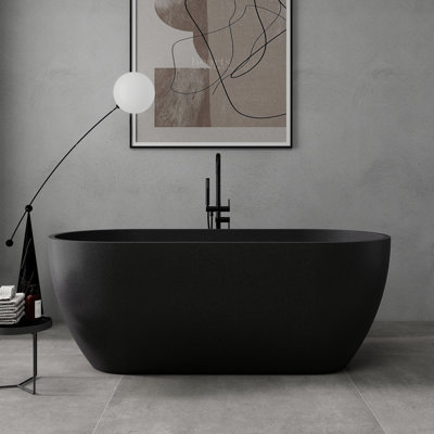 63" Terrazzo Freestanding Solid Surface Tub Outdoor Stone Concrete Soaking Bathtub In Black