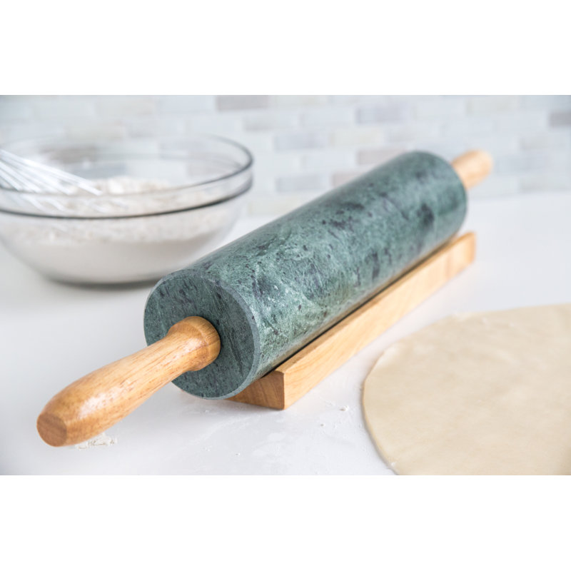 Green Marble Rolling Pin with Wooden Handles and Base