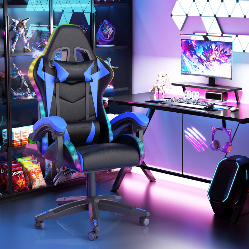Reclining Gaming Chair with LED Lights and Headrest, Black/Blue