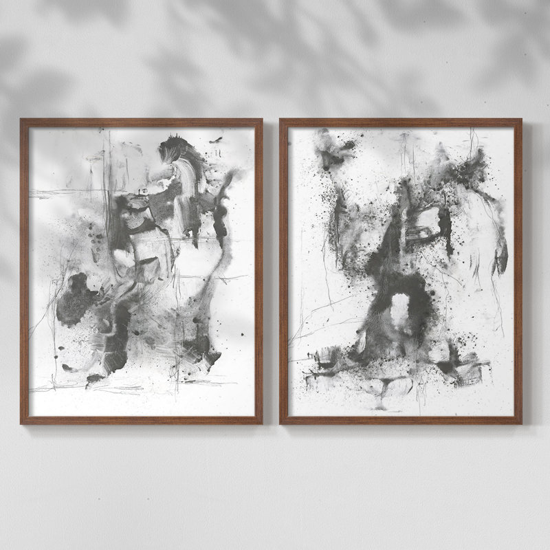 Graphite abstrait I-Premium, impression encadrée - prête à être accrochée - aucun clou requis - aucun clou requis, Noyer