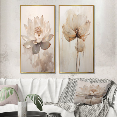 «Beige Lotus Reflections», ensemble d'art mural sur toile Lotus