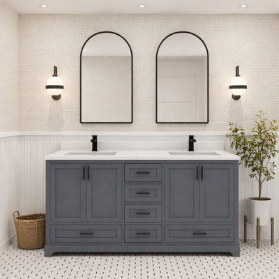 Meuble-lavabo en bois massif Maya de 60 po avec lavabo et comptoir, 4 portes à fermeture douce et 5 tiroirs à fermeture en douceur avec poignées noires mates, gris anthracite