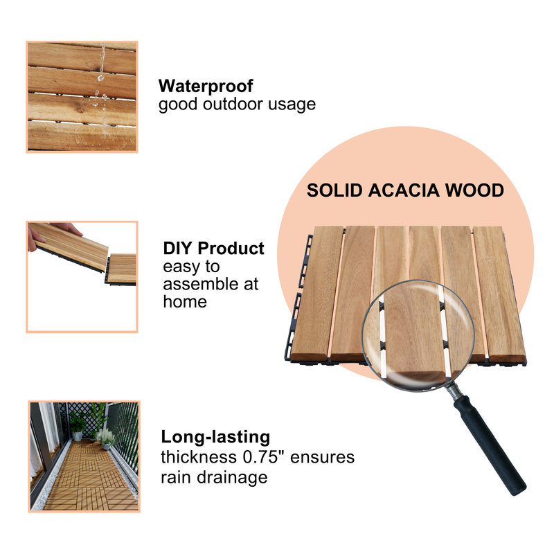 Acacia Wood Interlocking Deck Tiles 12"x12" Square (20pcs) -Striped Pattern