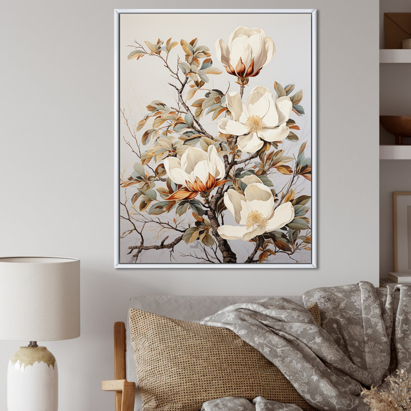 Art beige de Magnolias II sur toile, Cadre flottant blanc, H 20 po x l 12 po x P 1 po