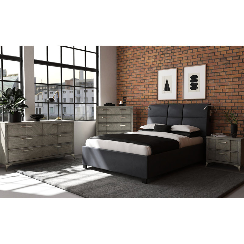Grand lit moderne avec éclairage tactile, plateau de son et boissons - noir avec plateau à boissons, éclairage et noir, facile à entretenir