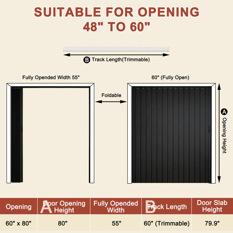 Porte accordéon 80 po à panneaux en PVC / vinyle, 60 po x 80 po, Noir