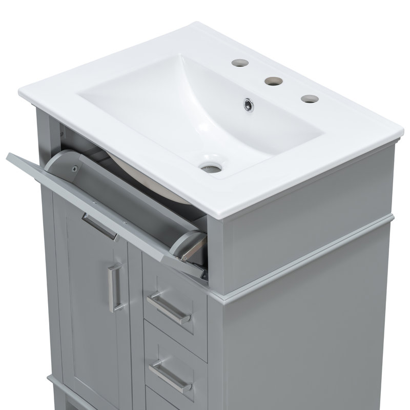Meuble-lavabo 24 po avec lavabo en céramique, 4 tiroirs de rangement et tablettes, Gris
