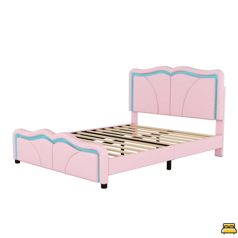 Lit plateforme tapissier avec tête de lit courbée et à hauteur ajustable, bandes lumineuses à DEL, Lit double, Rose