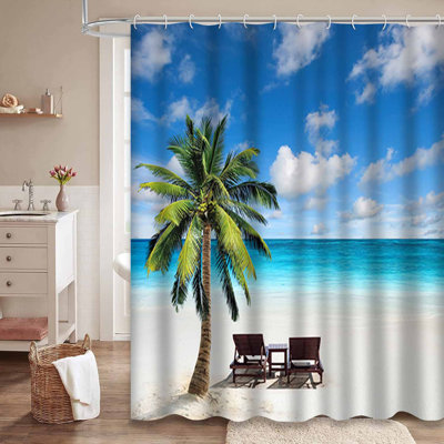 Palmier à distance, scène de chaise de plage tropicale, île de sable et 12 crochets