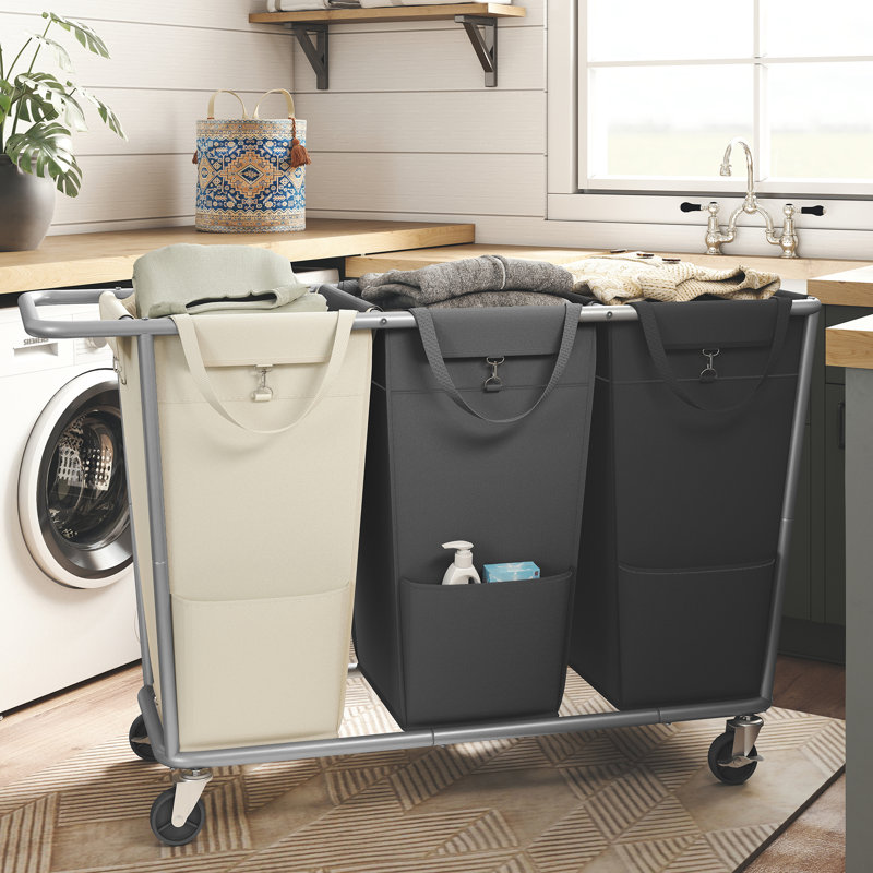 Laundry Basket With Wheels, 3-Section Laundry Sorter, 76.6 Gallons (290 L) Rolling Hamper With Removable Bags, Heavy-Duty Steel Frame, 